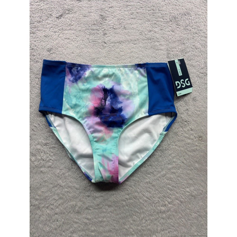 DSG Girls High Waist Swim Bottoms Inky Overdye Cool Blue Purple Floral L 10-12